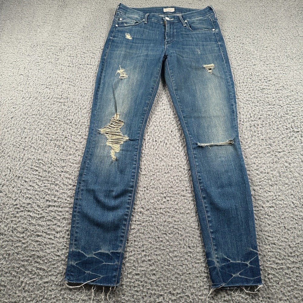 Mother Jeans Womens 25 Blue The Looker Ankle Fray‎ Naughty Intentions Marblizing